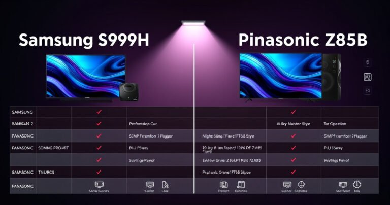 A sleek comparison table showcasing the Samsung S99H and Panasonic Z85B side by side, with vibrant product images highlighting their unique features. The background features a tech-inspired gradient, accented by digital icons representing key specifications, while a subtle spotlight emphasizes the standout qualities of each device.