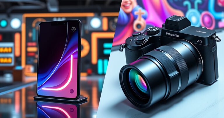 A split-screen image showcasing the sleek designs of the Samsung S99H and Panasonic Z90A, highlighting their vibrant displays. On one side, the Samsung glows with a futuristic, minimalist aesthetic in a tech-inspired environment, while the Panasonic shines with a classic, robust design surrounded by colorful visuals, emphasizing their key differences and appeal.