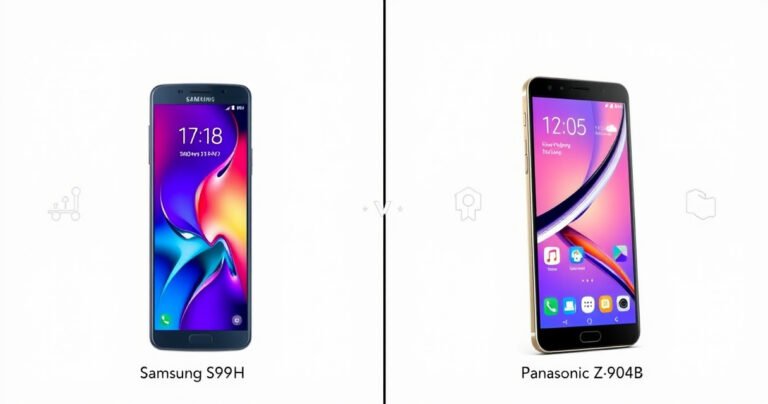 A split-screen comparison of two sleek, modern smartphones: the Samsung S99H on the left with a vibrant AMOLED display showcasing vivid colors, and the Panasonic Z90B on the right, featuring a unique design with a bright, intuitive interface. In the background, subtle icons and graphics highlight key features, creating a dynamic and informative visual contrast.