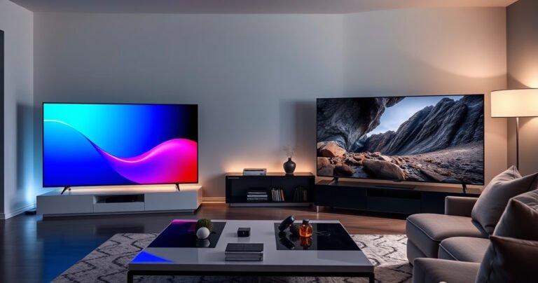 A sleek modern living room featuring two high-end televisions side by side: the Samsung S99H with vibrant colors and a minimalist design, and the Panasonic Z95A showcasing deep blacks and rich details. A stylish coffee table with tech gadgets, soft ambient lighting, and a cozy couch, inviting viewers to explore the ultimate viewing experience.