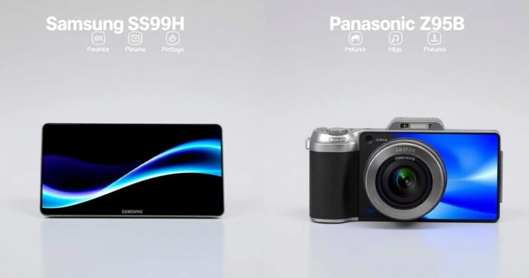 A split-screen comparison of the Samsung S99H and Panasonic Z95B, showcasing their sleek designs and vibrant screens. The Samsung on the left, glowing with a modern, minimalist style, and the Panasonic on the right, featuring a classic, robust look. Include technical icons above each device, representing their key features, against a neutral background.