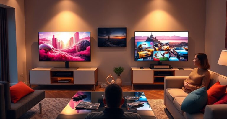 A sleek modern living room showcasing both the Samsung S99H and Sony A80L TVs on stylish stands, vibrant images playing on each screen, warm ambient lighting reflecting off polished surfaces, a cozy couch adorned with colorful cushions, and a coffee table featuring tech magazines, creating a cinematic atmosphere of choice and innovation.