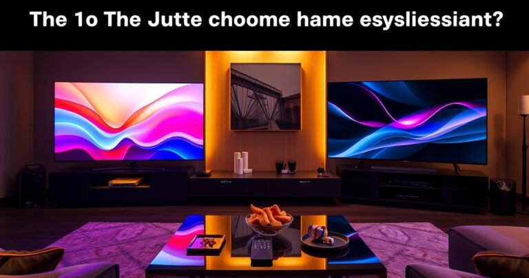 A sleek living room showcasing two stunning televisions side by side: the Samsung S99H glowing with vibrant colors, and the Sony A95L radiating deep contrasts. Warm ambient lighting enhances the modern decor, with a stylish coffee table adorned with a remote and snacks, inviting viewers to ponder the ultimate home entertainment experience.