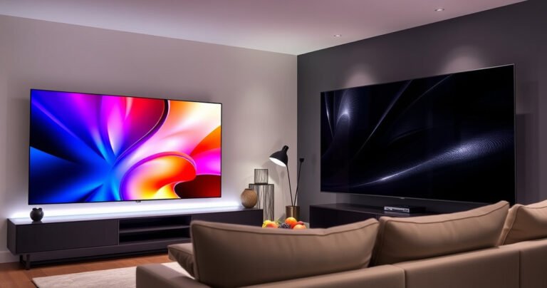 A sleek living room showcasing two stunning televisions side by side: the Samsung S99H with vibrant colors and a minimalist design on the left, the Sony BRAVIA 7 with deep blacks and rich textures on the right. Soft ambient lighting highlights their features, while a cozy sofa and modern decor complete the inviting atmosphere.