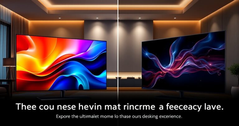 A sleek Samsung S99H TV showcasing vibrant colors and sharp details on one side, contrasted with a stunning Sony BRAVIA 9 displaying rich blacks and dynamic imagery on the other. The background features a modern living room setting with ambient lighting, emphasizing the elegant design of both televisions, inviting viewers to explore the ultimate home entertainment experience.