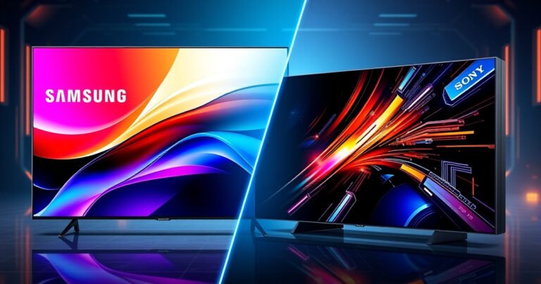 A split-screen image showcasing a sleek Samsung S99H on one side, displaying vibrant colors and modern design, contrasted with a glossy Sony X90L on the other, featuring bold graphics and sharp details. The background blends high-tech elements, with subtle hints of circuitry, to emphasize the cutting-edge technology of both televisions.