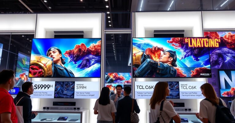A futuristic electronics store showcasing a Samsung S99H and a TCL C6K side by side, glowing screens displaying vibrant images. Sleek designs contrast against a high-tech backdrop, with shoppers engaged in animated discussions. Bright lighting highlights the features while digital graphics illustrate key differences in performance, creating an energetic and inviting atmosphere.