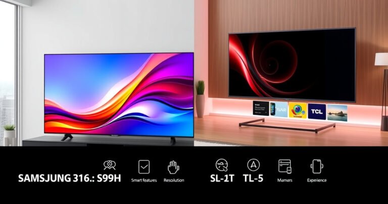 A split-screen comparison of two sleek, modern televisions: the Samsung S99H on the left with vibrant colors and a futuristic design, and the TCL C755 on the right showcasing its unique features. Background elements include subtle icons representing smart features, resolution, and user experience, all set against a stylish, contemporary living room ambiance.