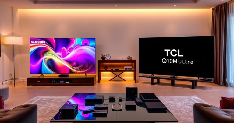 A sleek, modern living room showcasing two televisions side by side: the Samsung S99H with vibrant colors and sharp details on one side, and the TCL Q10M Ultra displaying deep blacks and stunning contrast on the other. A stylish coffee table laden with gadgets and remotes, soft ambient lighting highlighting the tech showdown.