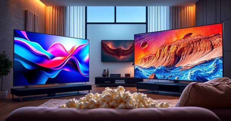 A split-screen image showcasing two sleek, modern televisions: the Samsung S99H on the left, vibrant colors and dynamic contrast, and the TCL QM6K on the right, featuring stunning clarity and vivid detail. A dramatic living room setting in the background highlights their design, with popcorn and a cozy couch inviting viewers to watch a cinematic masterpiece.