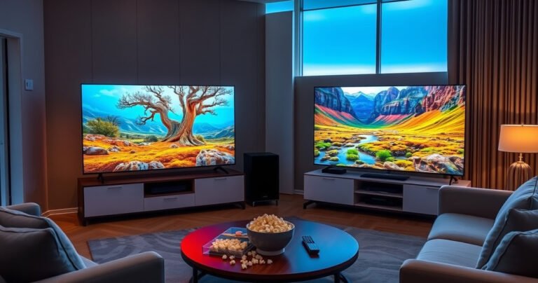 A sleek living room featuring the Samsung S99H and TCL QM7K televisions side by side, both showing vibrant scenes from a nature documentary. Soft ambient lighting highlights modern furniture and a stylish rug, with a coffee table adorned with popcorn and remote controls, inviting viewers to compare the stunning visuals of each TV in a cozy atmosphere.