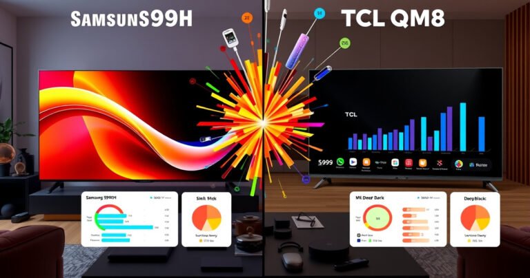 A split-screen comparison of two sleek televisions, the Samsung S99H on the left with vibrant colors and a modern design, and the TCL QM8 on the right featuring deep blacks and a minimalist look. Surrounding them, a burst of tech gadgets and vibrant charts illustrating their key features, all set against a stylish, tech-savvy living room backdrop.