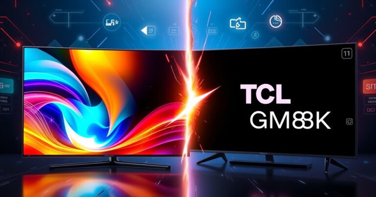 A split-screen comparison featuring a sleek Samsung S99H on the left, glowing with vibrant colors and futuristic interface, and a TCL QM8K on the right, showcasing deep blacks and stunning picture quality. Background elements include abstract tech patterns and glowing icons representing key features, creating a dynamic clash of innovation and design.