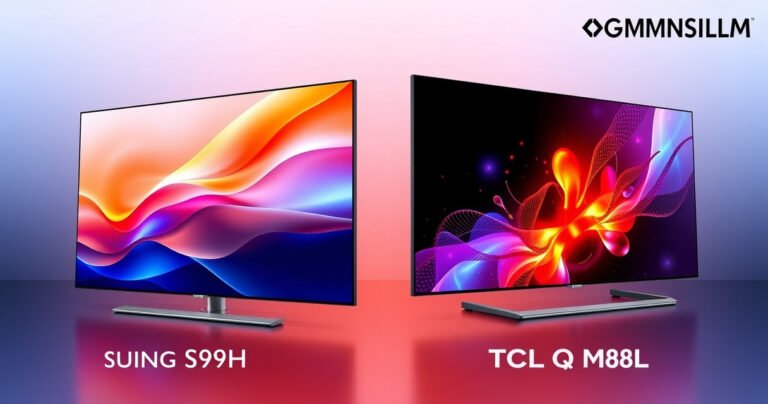 A split-screen comparison featuring a sleek Samsung S99H on the left, glowing with vibrant colors and high-tech features, juxtaposed with a modern TCL QM8L on the right, showcasing its sleek design and captivating visuals. The background subtly blends into a tech-inspired gradient, highlighting the innovation and sophistication of both TVs, inviting viewers to explore their differences.