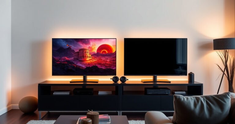 A sleek, modern living room with two high-end TVs side by side on a stylish media console. One display showcases vibrant, colorful scenes while the other highlights deep, rich blacks. Ambient lighting casts a warm glow, emphasizing the crisp details of each screen. A stylish couch and decorative elements create an inviting atmosphere perfect for movie nights.