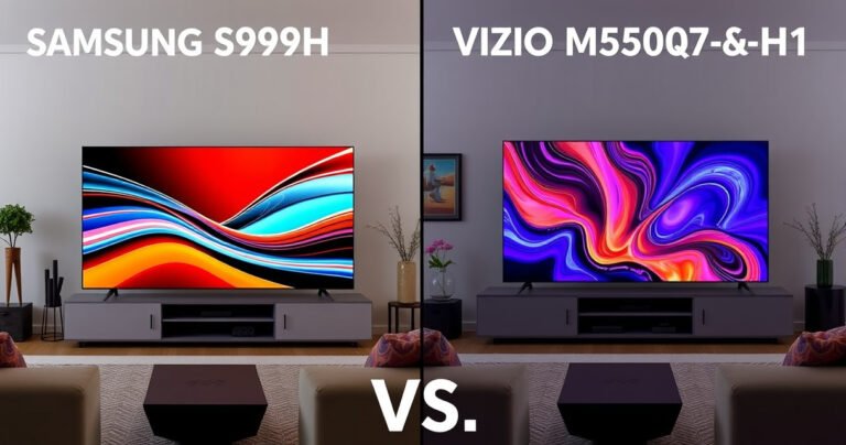 A split-screen comparison of the Samsung S99H and Vizio M55Q7-H1 in a modern living room setup, showcasing vibrant colors and sharp details on each screen. One side features a sleek, minimalist design with futuristic tech elements, while the other highlights a stylish, contemporary aesthetic, both with bold visual cues representing their unique features.