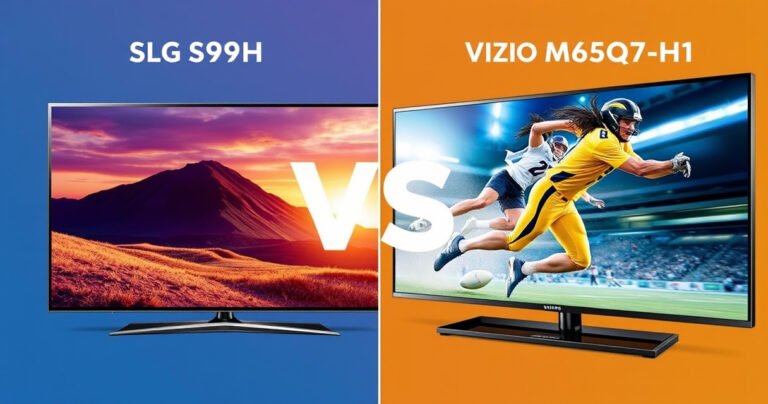 A split-screen comparison of the Samsung S99H and Vizio M65Q7-H1 televisions, showcasing vibrant colors and sharp images. One side features the sleek, modern design of the Samsung with a vivid landscape scene, while the other displays the Vizio with a dynamic sports action shot, highlighting their unique features and performance in a vivid, eye-catching style.