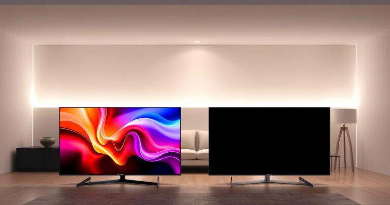 A sleek, modern living room with two stunning OLED TVs side by side, one displaying vibrant colors and the other showcasing deep blacks. Ambient lighting enhances the scene, highlighting the contrast between the two screens. In the background, a cozy sofa and decorative elements create an inviting atmosphere, emphasizing the choice between cutting-edge technology and home comfort.