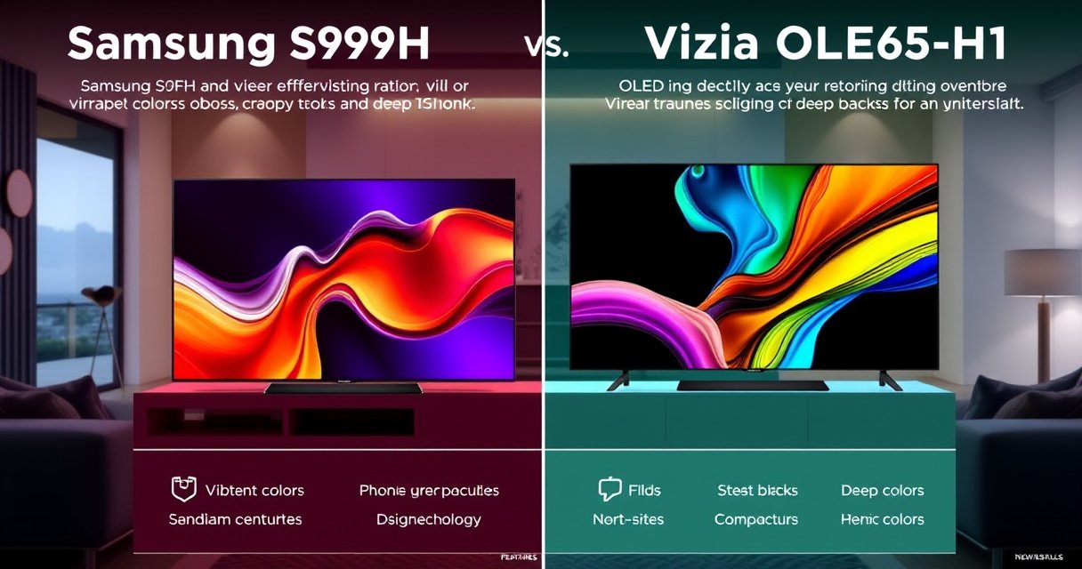 A sleek side-by-side comparison of the Samsung S99H and Vizio OLED65-H1 televisions, showcasing vibrant colors and deep blacks of OLED technology. The background features a modern living room setting with ambient lighting, while infographic-style text highlights key features and differences, creating an engaging visual for tech-savvy buyers.
