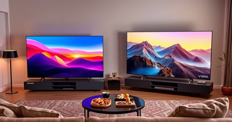 A sleek living room showcasing two large, modern TVs side by side: the Samsung S99H on the left with vibrant colors and refined design, and the Vizio P65Q9-H1 on the right, featuring bold contrast and smart features. A warm ambiance with a cozy sofa, snacks on a table, and subtle lighting enhances the tech showdown vibe.