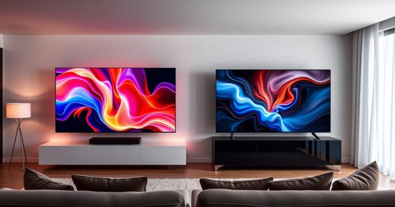 A sleek modern living room showcasing two stunning televisions side by side: the Samsung S99H with vibrant colors and sharp details on display, and the Vizio P75Q9-H1 with deep blacks and dynamic contrast. Ambient lighting enhances the scene, while a cozy sofa invites viewers to choose the ultimate entertainment experience.