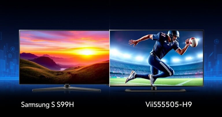 A split-screen comparison of the Samsung S99H and Vizio V505-H9 televisions, showcasing vibrant colors and contrasting design aesthetics. On one side, the sleek, modern Samsung with a glowing screen displaying a vivid landscape; on the other, the more robust Vizio with a dynamic sports scene. A subtle background of digital elements highlights technology and innovation.