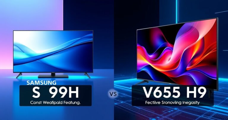 A split-screen comparison of the Samsung S99H and Vizio V655-H9, showcasing their sleek designs and vibrant displays. The Samsung features a futuristic, minimalist aesthetic with a glowing screen, while the Vizio boasts rich colors and robust features. Include technical specs in stylish text overlays, set against a modern, tech-themed background to emphasize innovation.