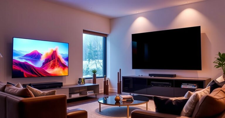 A sleek, modern living room showcasing two high-end TVs: the Samsung S99H with vibrant colors and sharp details on one wall, and the Vizio VQP65C-1 on the opposite wall, displaying its stunning contrast and cinematic appeal. The ambiance is warm, with cozy furniture and subtle lighting enhancing the tech-centric atmosphere.