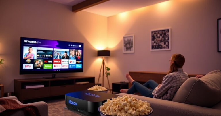 A modern living room featuring a sleek smart TV and a vibrant Roku device, surrounded by cozy furniture, soft lighting, and a popcorn bowl. The wall displays streaming icons, while a couple enjoys a movie night together, highlighting the contrast between the technologies in a warm, inviting atmosphere.