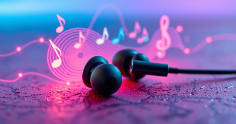 A close-up of sleek, modern earphones resting on a vibrant, textured surface, surrounded by sound waves visualized in colorful, flowing patterns. Glowing lines connect the earphones to musical notes and symbols, creating a dynamic sense of movement and sound. The background features soft gradients of blue and purple, evoking a sense of listening bliss.