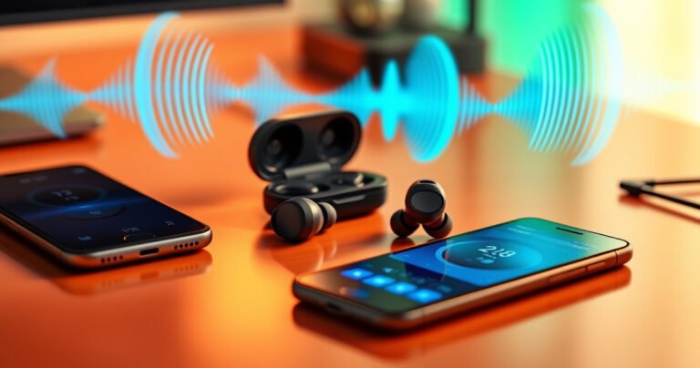 A sleek pair of true wireless earbuds resting on a vibrant, modern desk, surrounded by sound wave graphics gently pulsing in shades of blue and green. Soft ambient light reflects off their glossy finish, while a smartphone nearby displays music notes, symbolizing the freedom of wireless listening in a dynamic, tech-inspired setting.