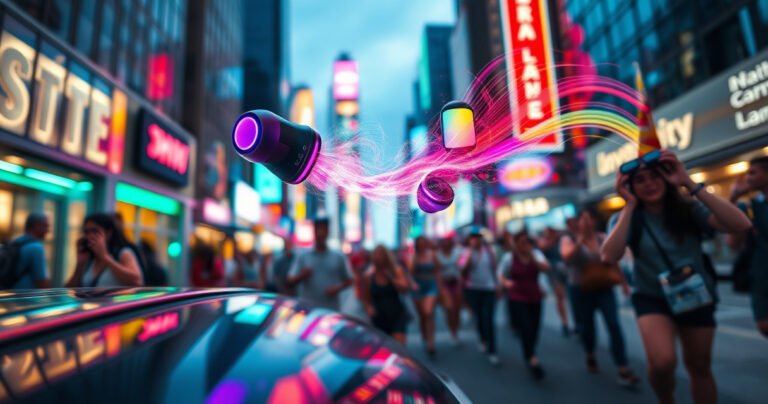 A dynamic scene showcasing vibrant, high-tech earbuds blasting sound waves into an energetic urban landscape. Neon lights reflect off sleek surfaces, while colorful sound waves ripple through the air, attracting the attention of excited city dwellers. The atmosphere is electric, filled with rhythm and life, illustrating the power of immersive audio experiences in a modern world.