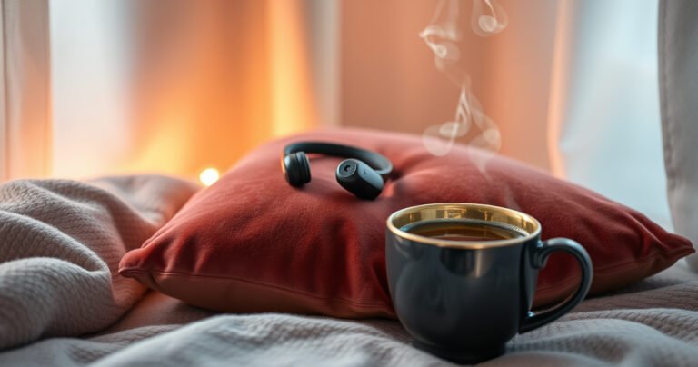 A cozy, inviting scene featuring a pair of sleek, modern earphones nestled on a plush velvet cushion, surrounded by soft ambient lighting. Delicate sound waves swirl around, illustrating comfort and tranquility, while a steaming cup of herbal tea sits nearby, evoking relaxation and the ultimate listening experience.