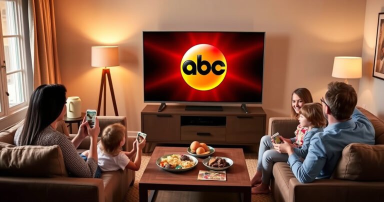 A sleek Vizio Smart TV displaying the vibrant ABC logo on screen, surrounded by a cozy living room setup with plush sofas, a stylish coffee table, and a warm ambient glow from a nearby lamp. The scene captures a family eagerly gathering around the TV, snacks in hand, ready for a fun viewing experience.