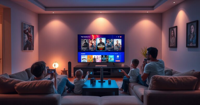 A sleek, modern living room featuring a large Smart TV displaying vibrant streaming content, surrounded by cozy furniture and ambient lighting. A family of four enjoys watching together, with playful tech gadgets scattered around, showcasing a blend of entertainment and technology. The walls are adorned with digital art, emphasizing a connected, contemporary lifestyle.