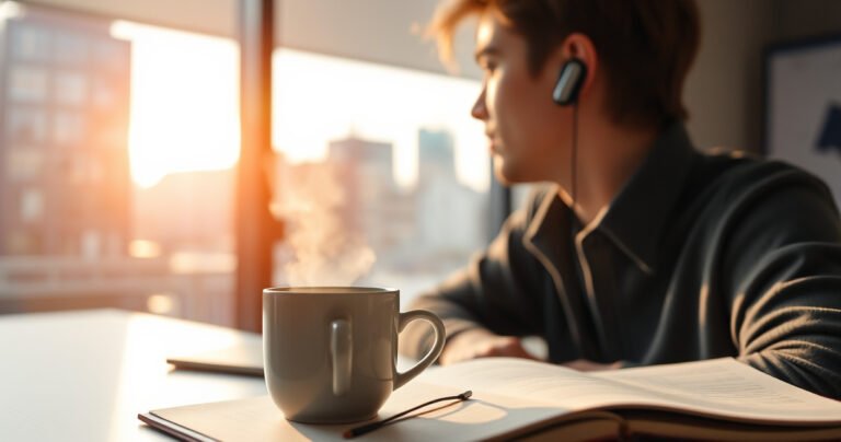 A serene workspace with a person wearing sleek, modern noise-isolating earbuds, surrounded by soft morning light. A blurred cityscape visible through a window, symbolizing chaotic sounds outside. In the foreground, a steaming mug of coffee and an open notebook, conveying focus and tranquility amidst urban noise. Subtle sound waves dissipating in the air.