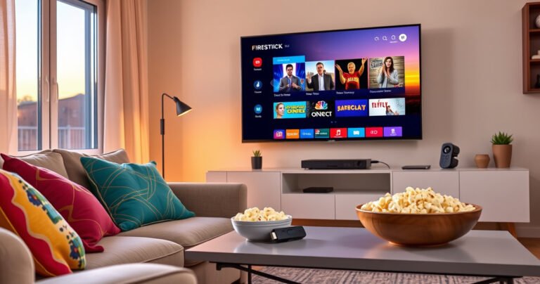 A cozy living room scene with a sleek smart TV displaying vibrant streaming content, a Firestick plugged into the HDMI port, warm ambient lighting, a plush sofa with colorful throw pillows, a bowl of popcorn on a stylish coffee table, and a window showing a sunset glow outside, capturing the essence of modern entertainment.