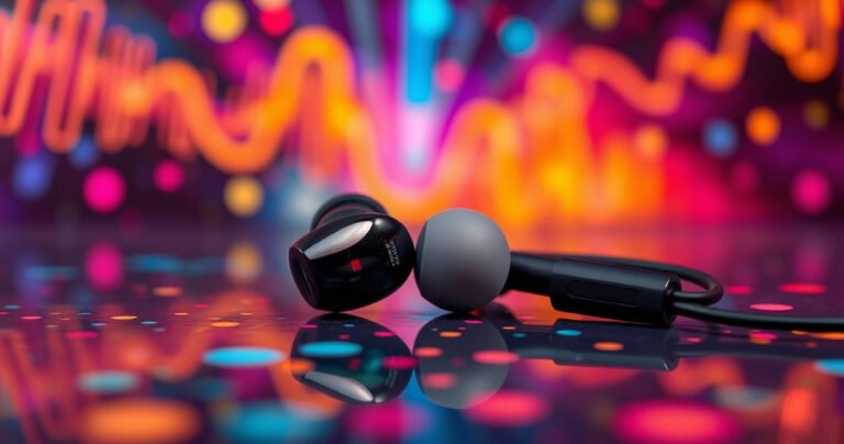 A close-up of stylish, sleek earbuds resting on a vibrant music-themed background filled with colorful sound waves and bass notes, radiating energy and rhythm. The earbuds gleam under soft lighting, showcasing their design and comfort, while subtle hints of bass-heavy music genres like hip-hop and electronic are illustrated around them.