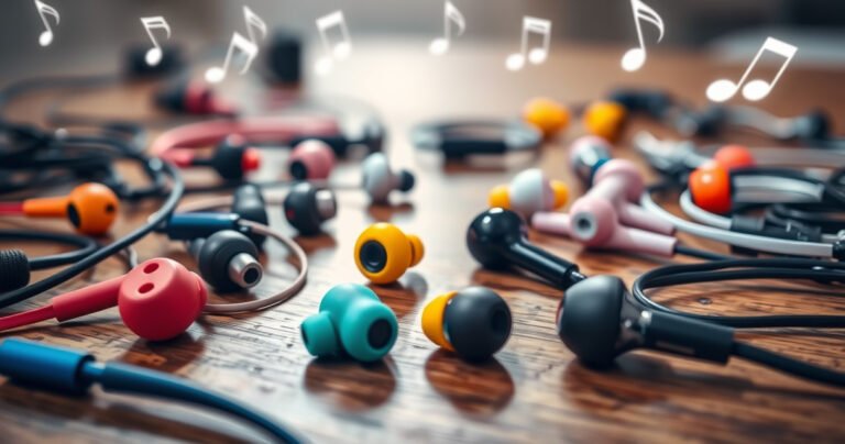 A close-up of various earphones scattered across a wooden table, showcasing different styles like in-ear, over-ear, and wireless designs. Vibrant colors and textures highlight their features, while a soft light casts gentle shadows, creating an inviting atmosphere. In the background, blurred music notes float, symbolizing sound and the connection between technology and music.