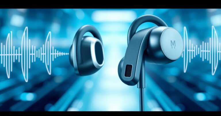 A close-up view of sleek, modern earbuds with a fixed microphone, surrounded by sound waves and digital signals. The background features a blurred tech-inspired landscape, highlighting clarity and innovation. Soft blue and silver tones create a futuristic feel, while subtle details emphasize the earbuds’ design and functionality, inviting curiosity and engagement.