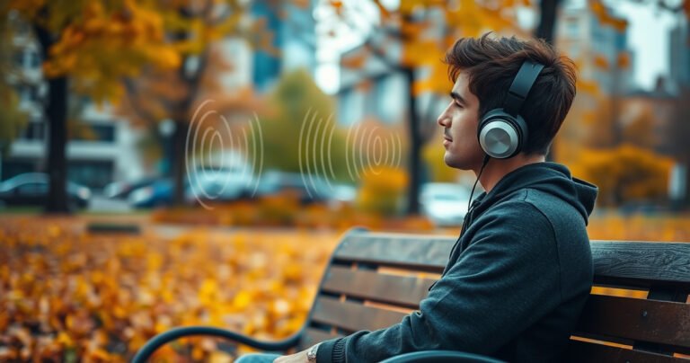 A serene scene of a person sitting on a park bench, surrounded by vibrant fall foliage, wearing sleek headphones. Soft, swirling sound waves gently dissipate around them, illustrating the concept of noise cancellation. In the background, blurred city sounds contrast with the calm ambiance, creating a visual harmony between chaos and tranquility.