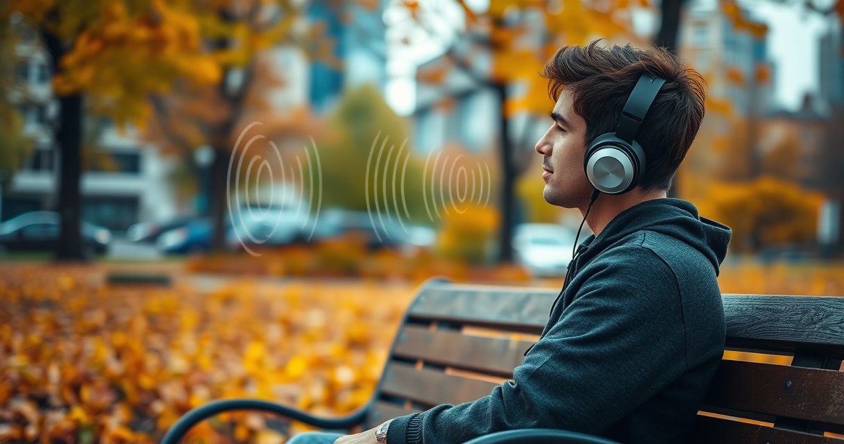 A serene scene of a person sitting on a park bench, surrounded by vibrant fall foliage, wearing sleek headphones. Soft, swirling sound waves gently dissipate around them, illustrating the concept of noise cancellation. In the background, blurred city sounds contrast with the calm ambiance, creating a visual harmony between chaos and tranquility.