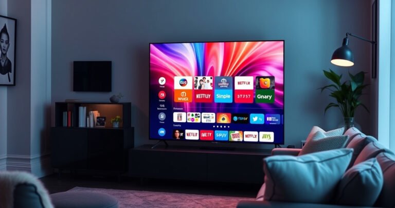 A sleek Samsung Smart Hub TV glowing in a modern living room, showcasing a vibrant digital interface filled with colorful apps and streaming options. The room features soft ambient lighting, a cozy sofa, and stylish decor, creating an inviting atmosphere that highlights technology seamlessly integrated into daily life.