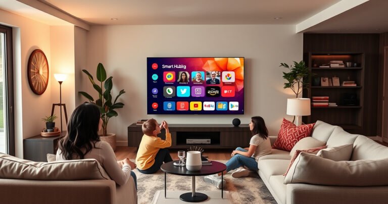 A sleek, modern living room featuring a large Samsung TV displaying a vibrant smart hub interface. The room is filled with cozy furniture, soft lighting, and colorful decor. A family joyfully interacts with the TV, surrounded by smart home devices like a voice assistant and smart bulbs, showcasing a seamless blend of technology and comfort.
