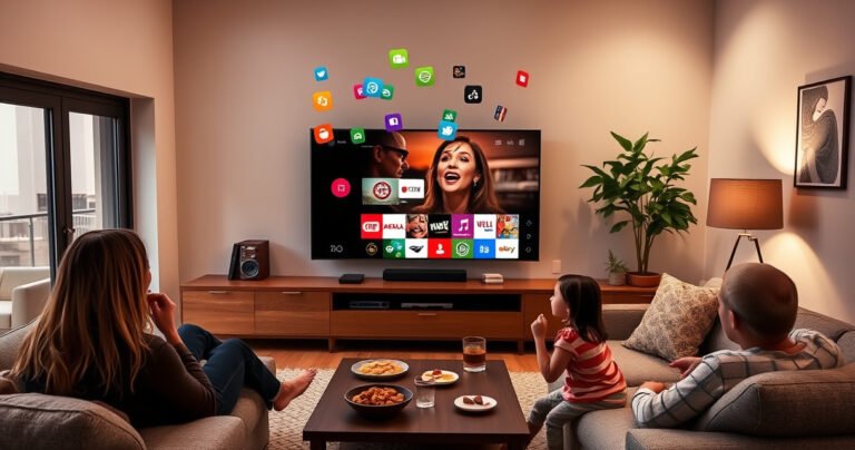 A sleek, modern living room showcasing an LG Smart TV displaying the vibrant WebOS interface, surrounded by cozy furniture and soft lighting. A family enjoys a movie night, with snacks on the table, while colorful app icons float in the air, emphasizing ease of use and smart connectivity in a warm, inviting atmosphere.