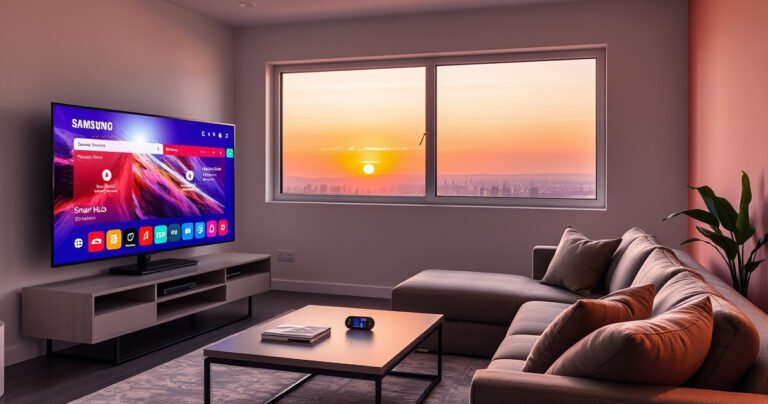A sleek, modern living room featuring a Samsung TV displaying a vibrant smart hub interface. The room is bathed in soft ambient lighting, showcasing a cozy couch adorned with plush cushions. A stylish coffee table holds a few smart devices, and a window reveals a sunset, creating a warm, inviting atmosphere that highlights technology in everyday life.