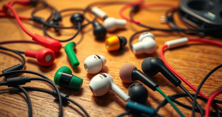 A close-up of various earphones sprawled on a wooden table, showcasing different styles—wired, wireless, over-ear, and in-ear—each with vibrant colors and textures, surrounded by sound waves visually emanating from them, blending into a subtle background of music notes and circuitry, evoking the essence of audio technology and personal listening experiences.