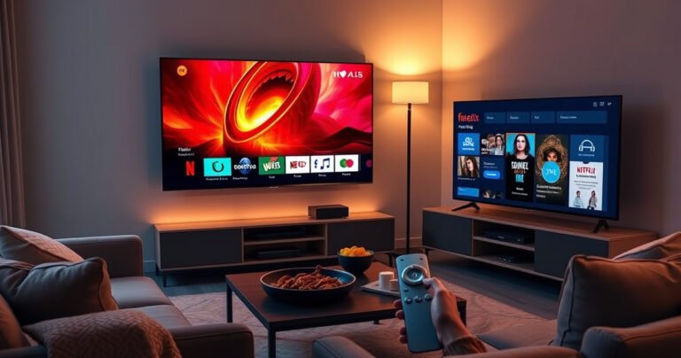 A modern living room featuring two distinct televisions: a sleek Smart TV displaying vibrant streaming content and a Fire TV with a glowing remote, surrounded by cozy furnishings, warm lighting, and a coffee table filled with snacks. The contrast between the two screens highlights their unique interfaces, inviting viewers to explore the world of smart technology.