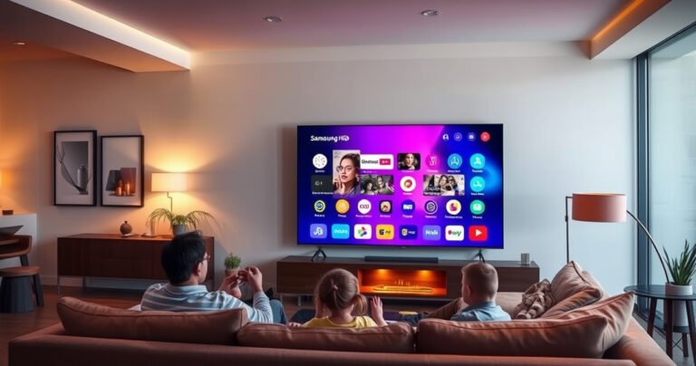 A sleek modern living room featuring a large Samsung TV displaying a vibrant Smart Hub interface. Colorful app icons glow on the screen, while a cozy sofa and stylish decor surround the space. Warm lighting enhances the inviting atmosphere, with a glimpse of a family enjoying a movie night together, showcasing the Smart Hub's versatility and entertainment options.