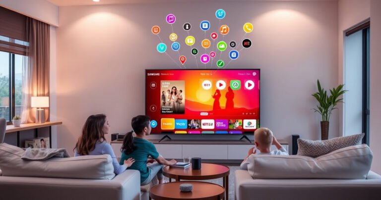 A sleek, modern living room featuring a large Samsung TV displaying a vibrant Smart Hub interface, surrounded by cozy furniture, soft ambient lighting, and a few smart home devices. A family is engaging with the TV, showcasing a mix of entertainment options, while colorful digital icons float above the screen, symbolizing connectivity and innovation.